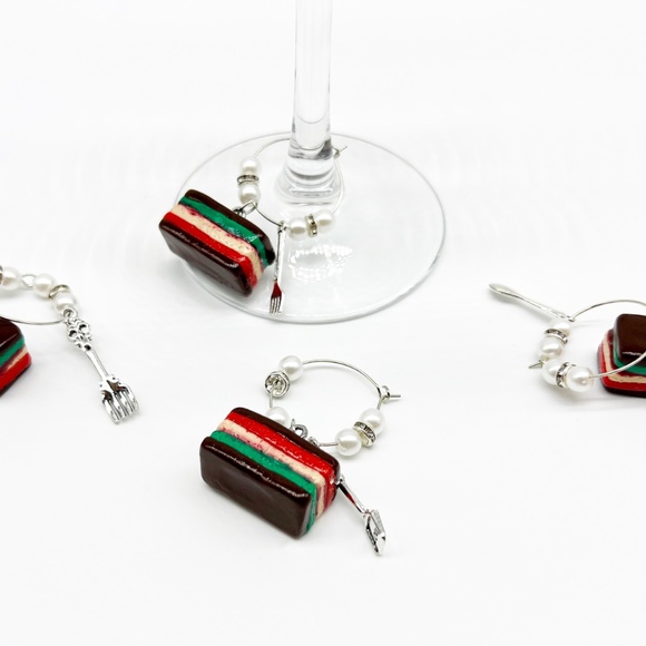 Italian Rainbow Cookie Wine Glass Charms – Set of 4 | Handmade Christmas Clay - Picture 7 of 9